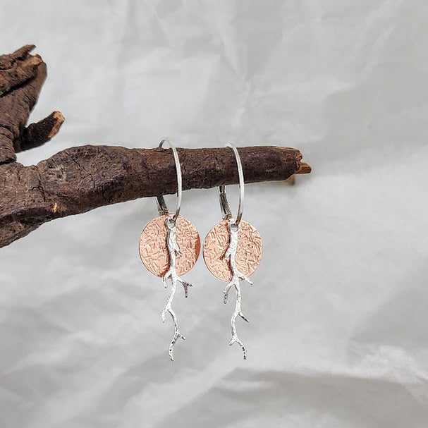 Copper Disc Silver Branch Earrings - Leverback