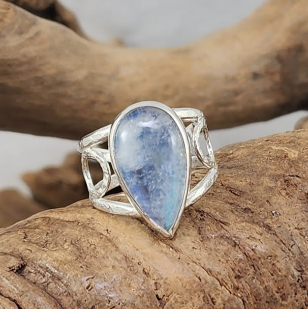 Rainbow Moonstone Filigree Ring - OOAK 10x20mm stone