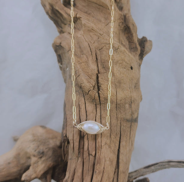 Freshwater Pearl Herringbone Weave Necklace - 14k goldfill
