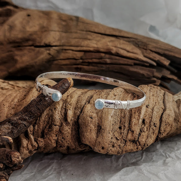 Aquamarine Hammered Wrapped Cuff - 5mm Stones, Adjustable