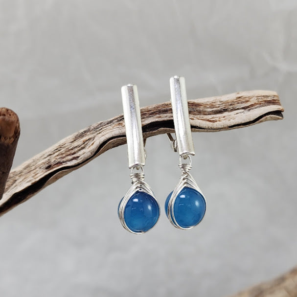 Art Nouveau Long Bar Herringbone Wrap Earrings - Blue Onyx, Baltic Amber