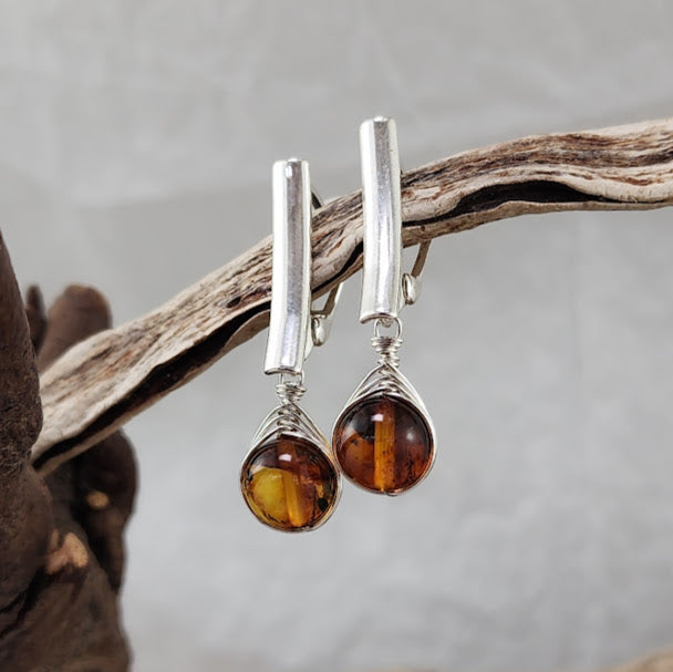 Art Nouveau Long Bar Herringbone Wrap Earrings - Blue Onyx, Baltic Amber