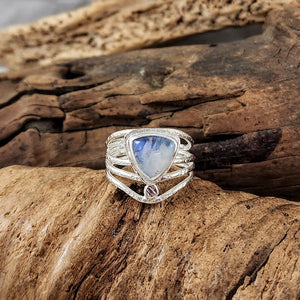 Rainbow Moonstone Trillion Cut Organic 4-strand Ring