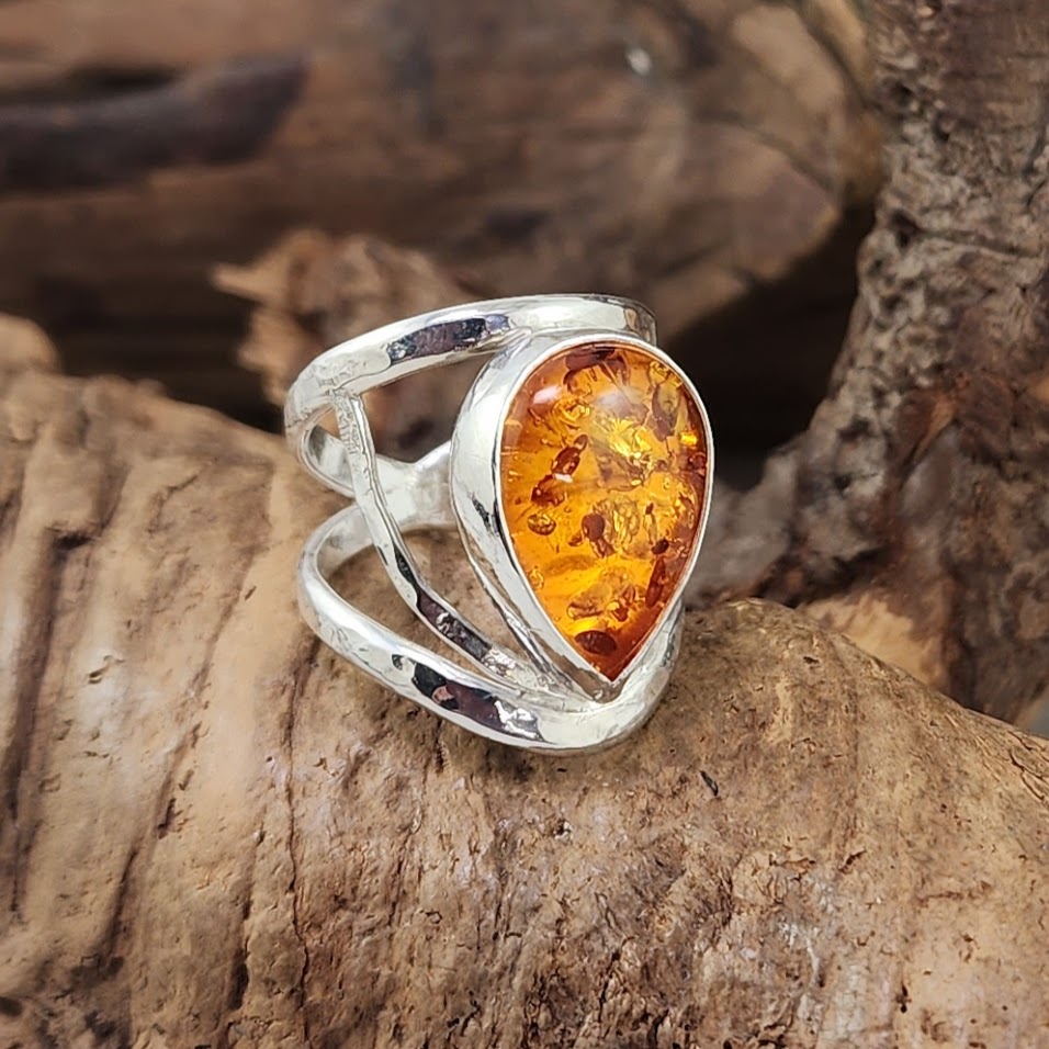 Teardrop Amber Filigree Ring - OOAK