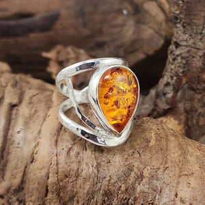 Teardrop Amber Filigree Ring - OOAK