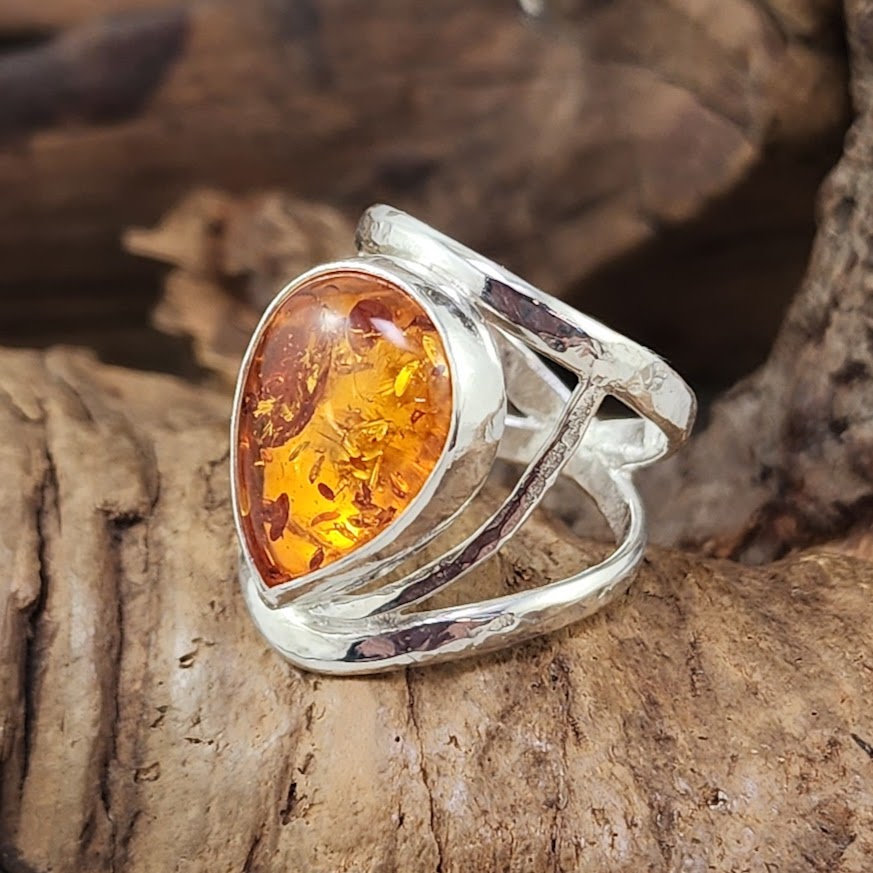 Teardrop Amber Filigree Ring - OOAK