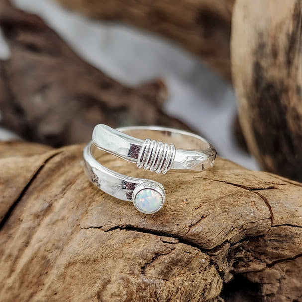 Hammered Silver Adjustable Wrap Rings - 4mm Stones