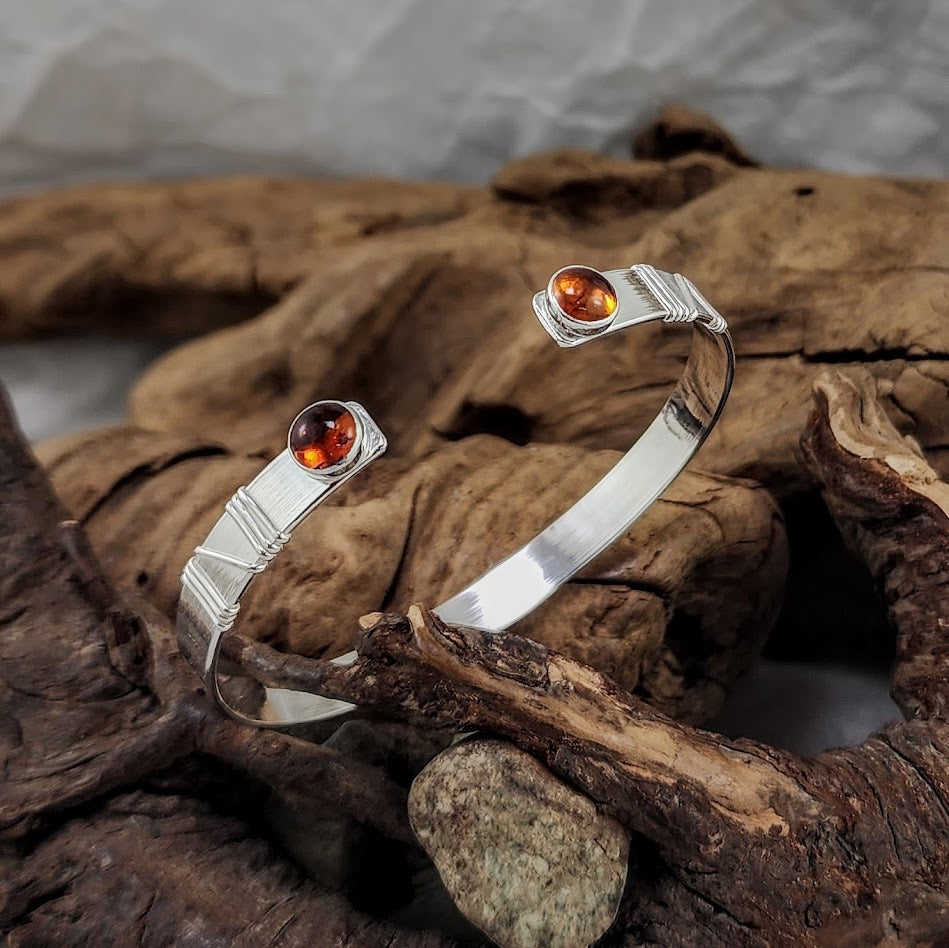 Baltic Amber Flat Silver Cuff -  Adjustable