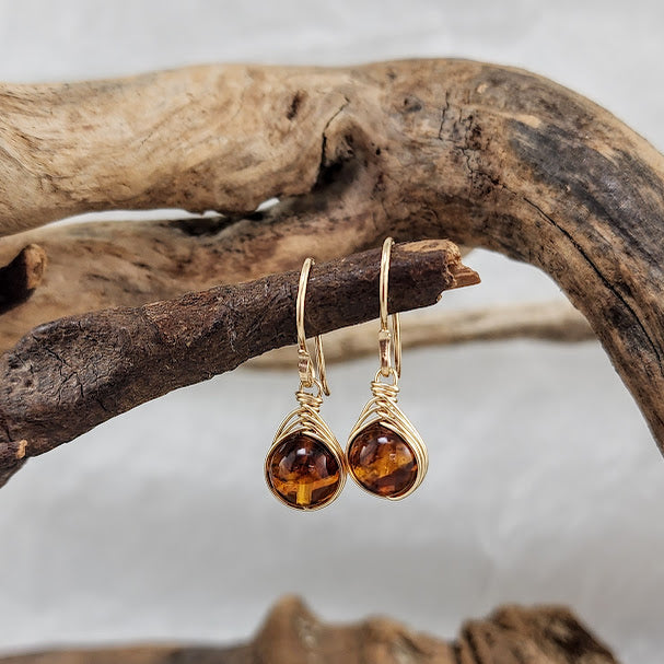 Baltic Amber Herringbone Wrap Earrings - 14k Goldfill