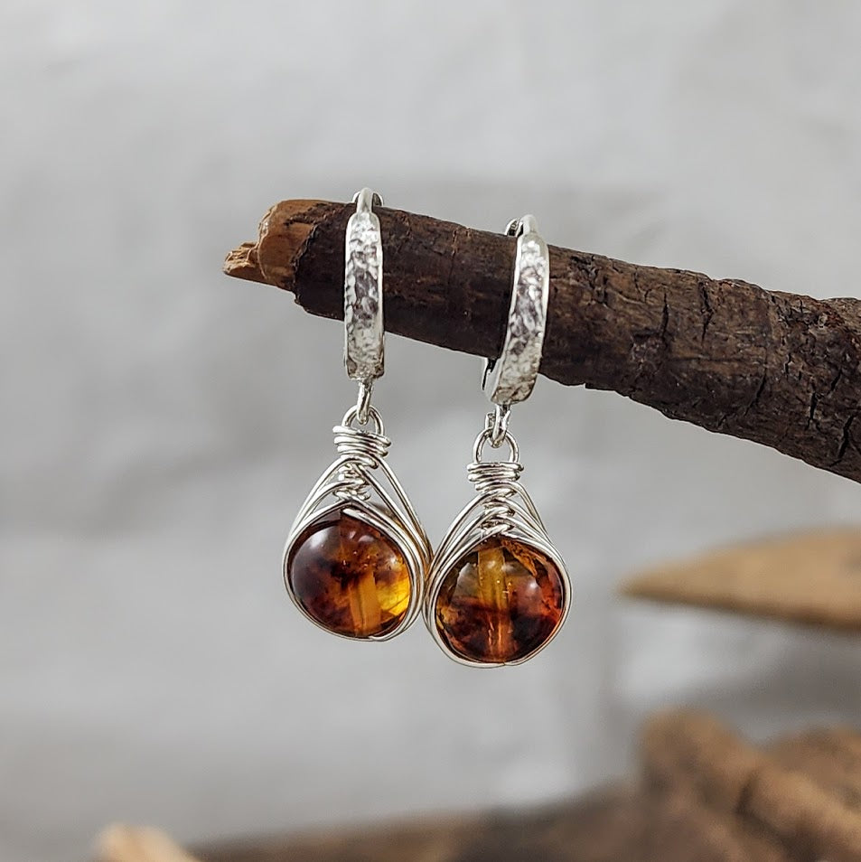 Baltic Amber Herringbone Wrap Hinged Hoops