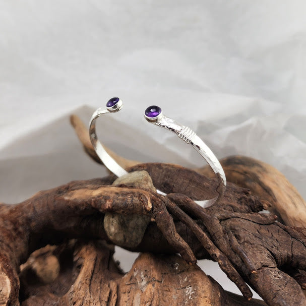 Amethyst Hammered Silver Cuff - Adjustable