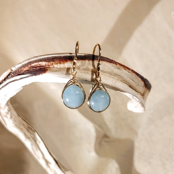 Aquamarine Herringbone Wrap Earrings - 14k Goldfill