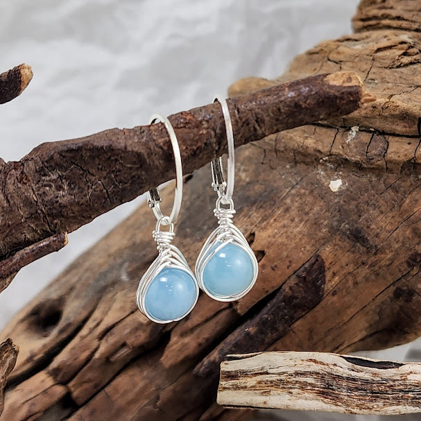 Aquamarine Herringbone Wrap Earrings - Oval Leverback