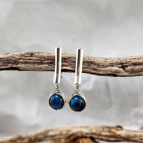 Blue Tiger Eye Herringbone Earrings
