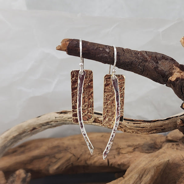 Roll Printed Brass and Hammered Sterling Silver Earrings