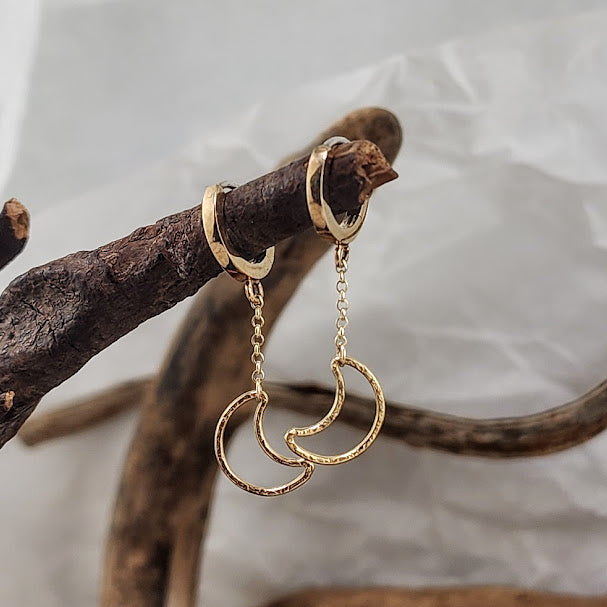 Bronze Huggie Hoops with 14k Goldfill Open Crescent Moons