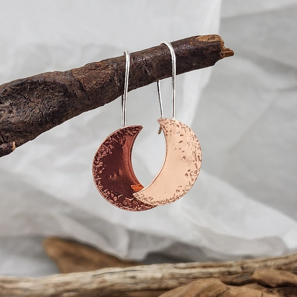 Copper and Silver Crescent Moon Earrings