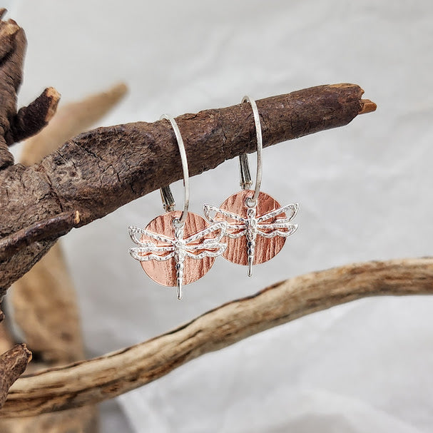 Copper Disc Silver Dragonfly Leverback Earrings