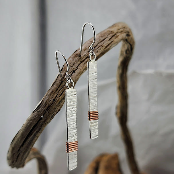 Silver Stick Earrings - Copper Wrap