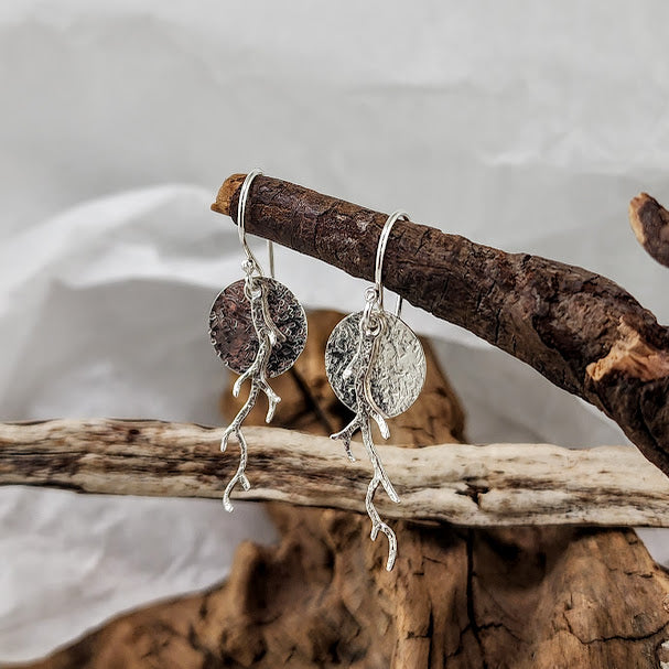 Silver Branch Disc Earrings