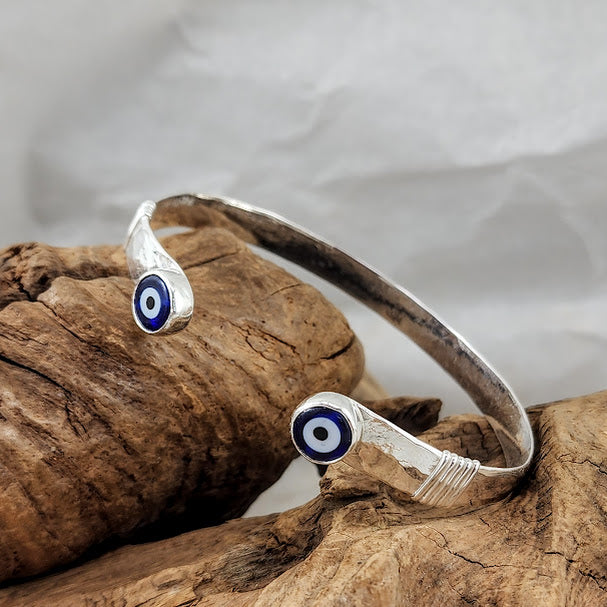 Evil Eye Hammered Silver Cuff - Adjustable