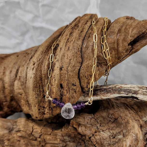 14k Goldfill Paperclip Bar Chain - Amethyst & Fluorite