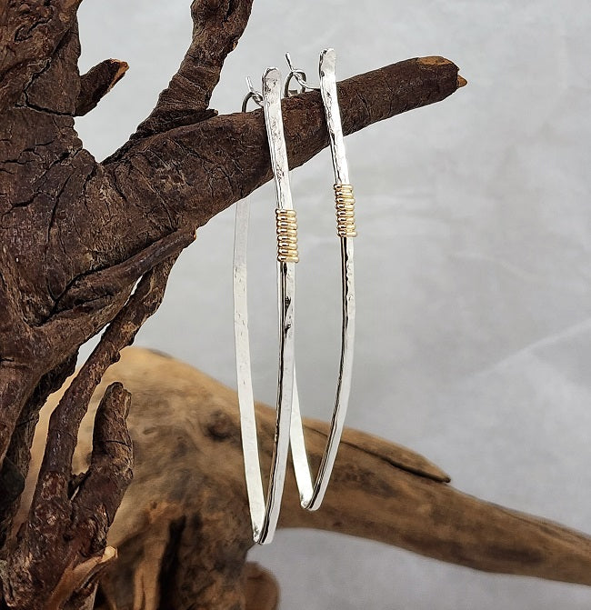 Hammered Tribal Shield Hoops - Silver with 14k Goldfill Wrap