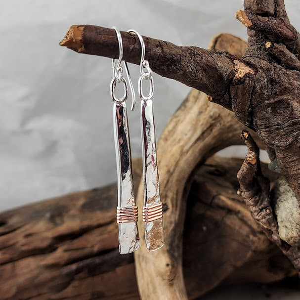 Hammered Silver Paddle Earrings - Copper Wrap
