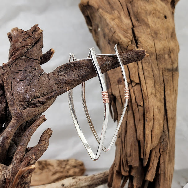 Hammered Tribal Shield Hoops - Silver with Copper Wire wrap