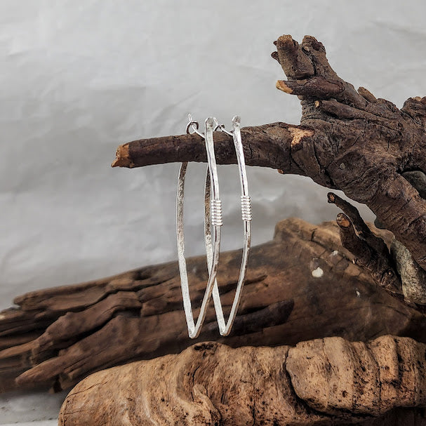 Hammered Tribal Teardrop Hoops - Silver on Silver