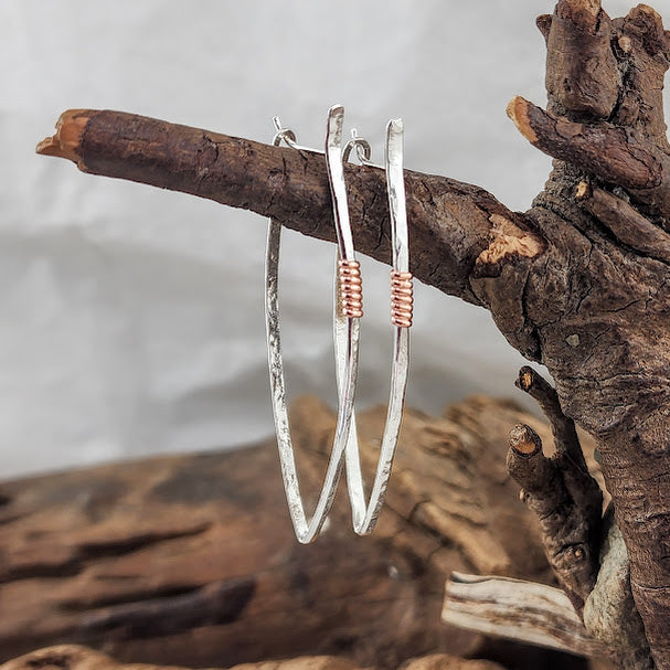 Hammered Tribal Teardrop Hoops - Silver with Copper Wrap
