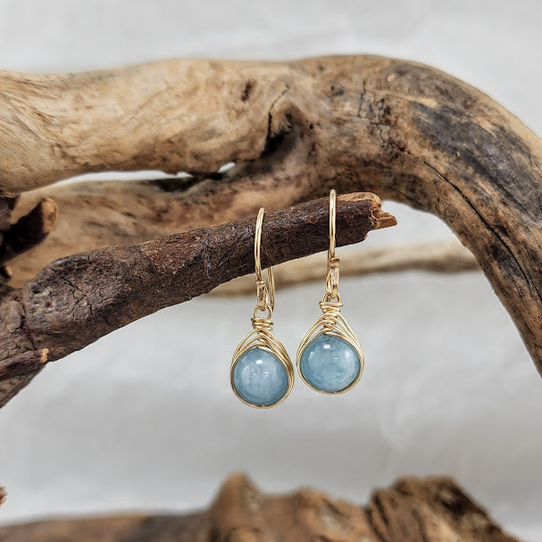 Aquamarine Herringbone Wrapped Earrings - 14k Goldfill