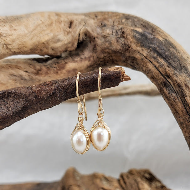 Freshwater Pearl Herringbone Wrap Earrings -14k goldfill