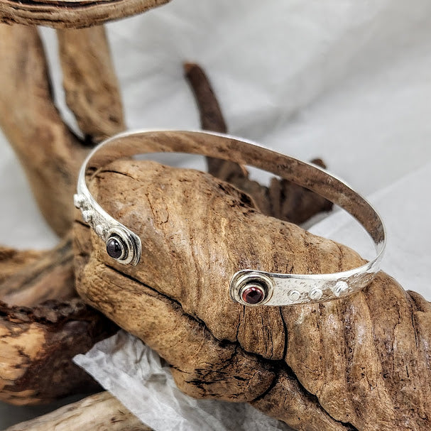 Heavy Hammered Silver Cuff with Garnets - Adjustable