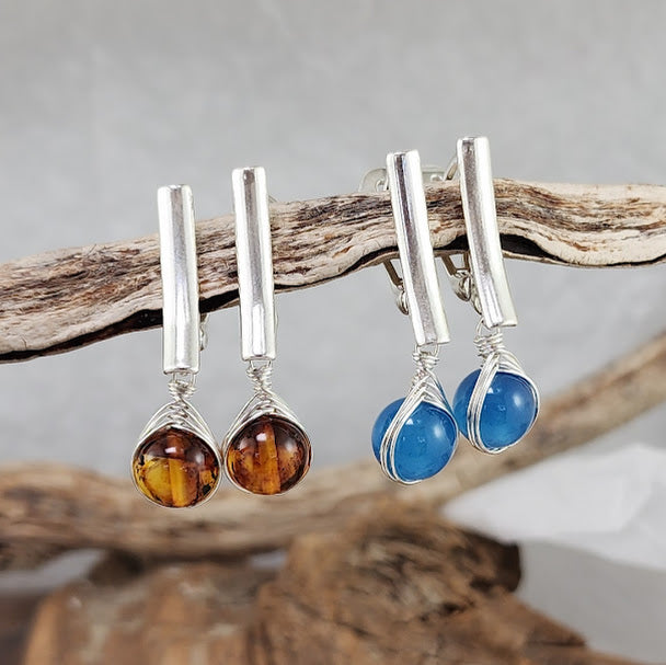 Art Nouveau Long Bar Herringbone Wrap Earrings - Blue Onyx, Baltic Amber