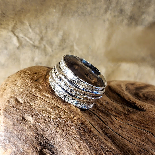 Meditation Ring - Stamped Spirals with 3 Spinners