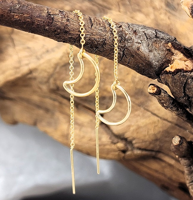 Crescent moon threader earrings - Silver or 14k Goldfill