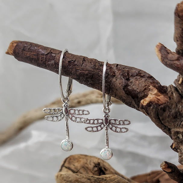 Open Wing Dragonfly Earrings - Kyocera Opal