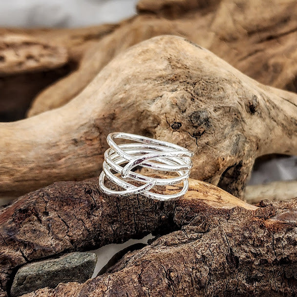 Organic Hammered Silver 4-strand Wrapped Ring