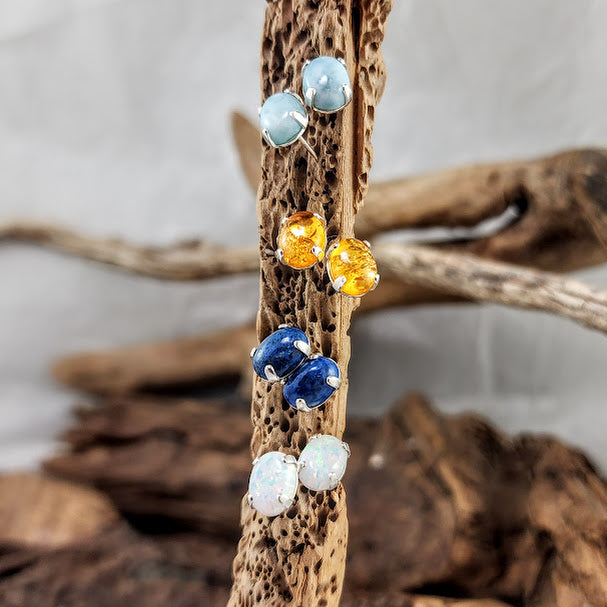 Stone Studs in Silver - Larimar, Baltic Amber, Denim Lapis and Kyocera Opal