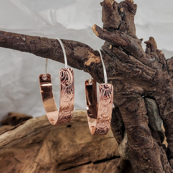 Patterned Copper Hoops - Silver Ear Wires