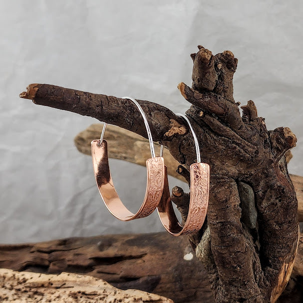 Patterned Copper Round Hoops - Silver Ear Wires