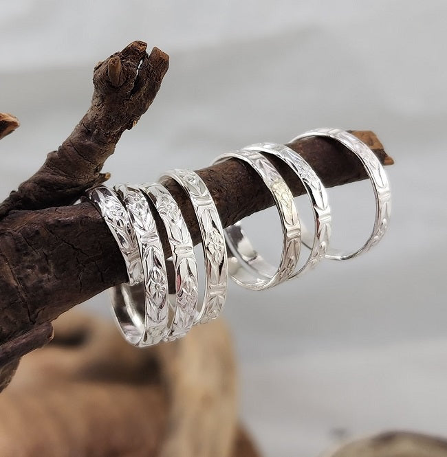 Patterned Silver Stacking Band Rings - 3mm wide