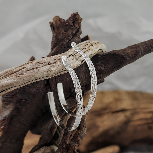 Patterned Silver Stud Hoops - 3mm Wide