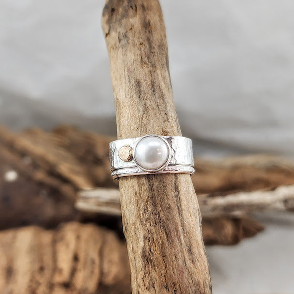 Silver, Gold and Pearl Stacking Ring Set