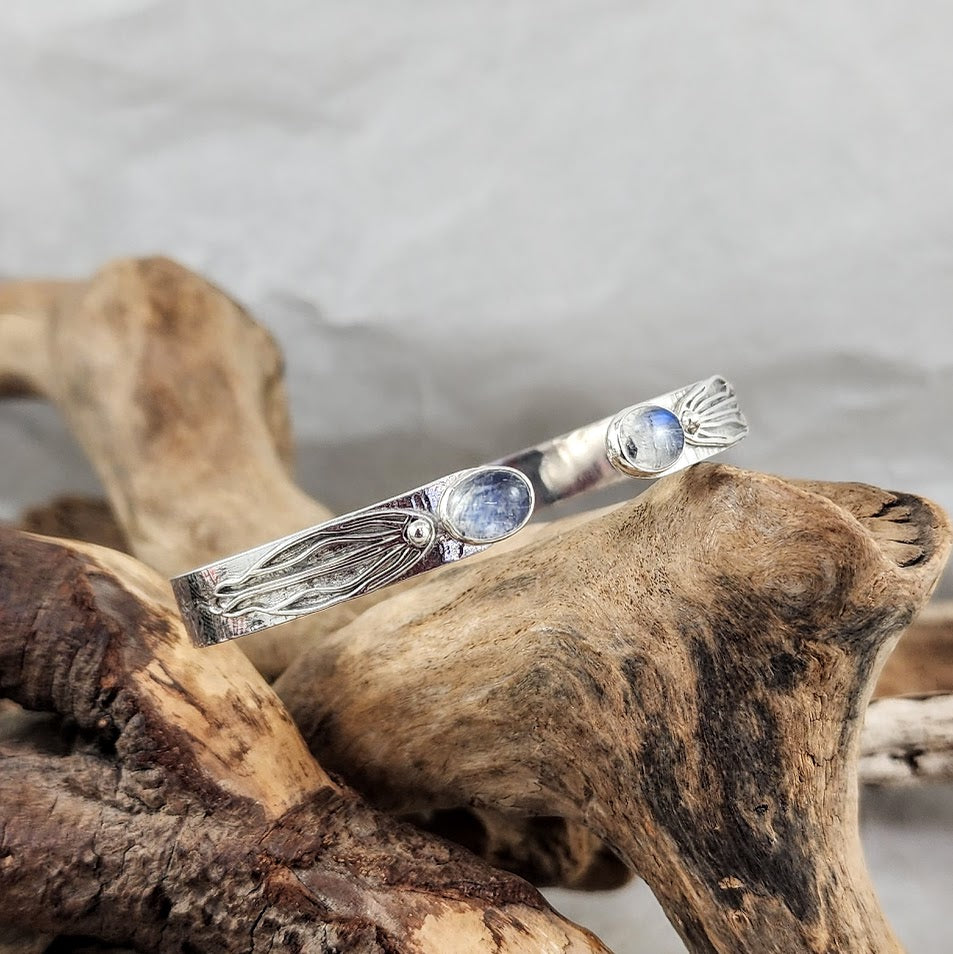 Rainbow Moonstone Flat Cuff - 6mm Wide, Adjustable