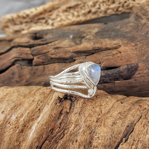 Rainbow Moonstone Trillion Cut Organic 4-strand Ring