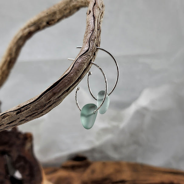 Aqua Sea Glass Stud Hoops