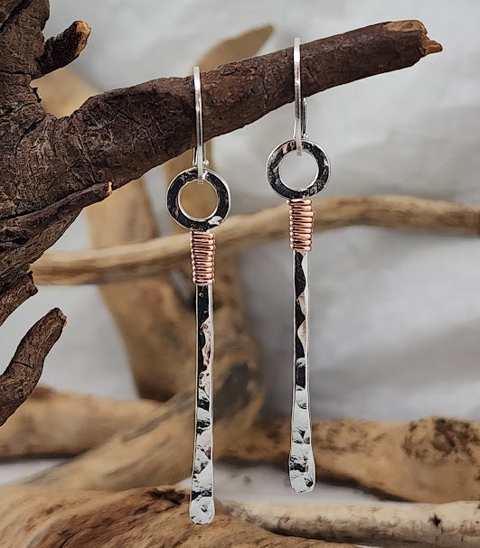 Hammered Silver Drop Earrings - Copper Wrap