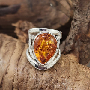 Teardrop Amber Filigree Ring - OOAK